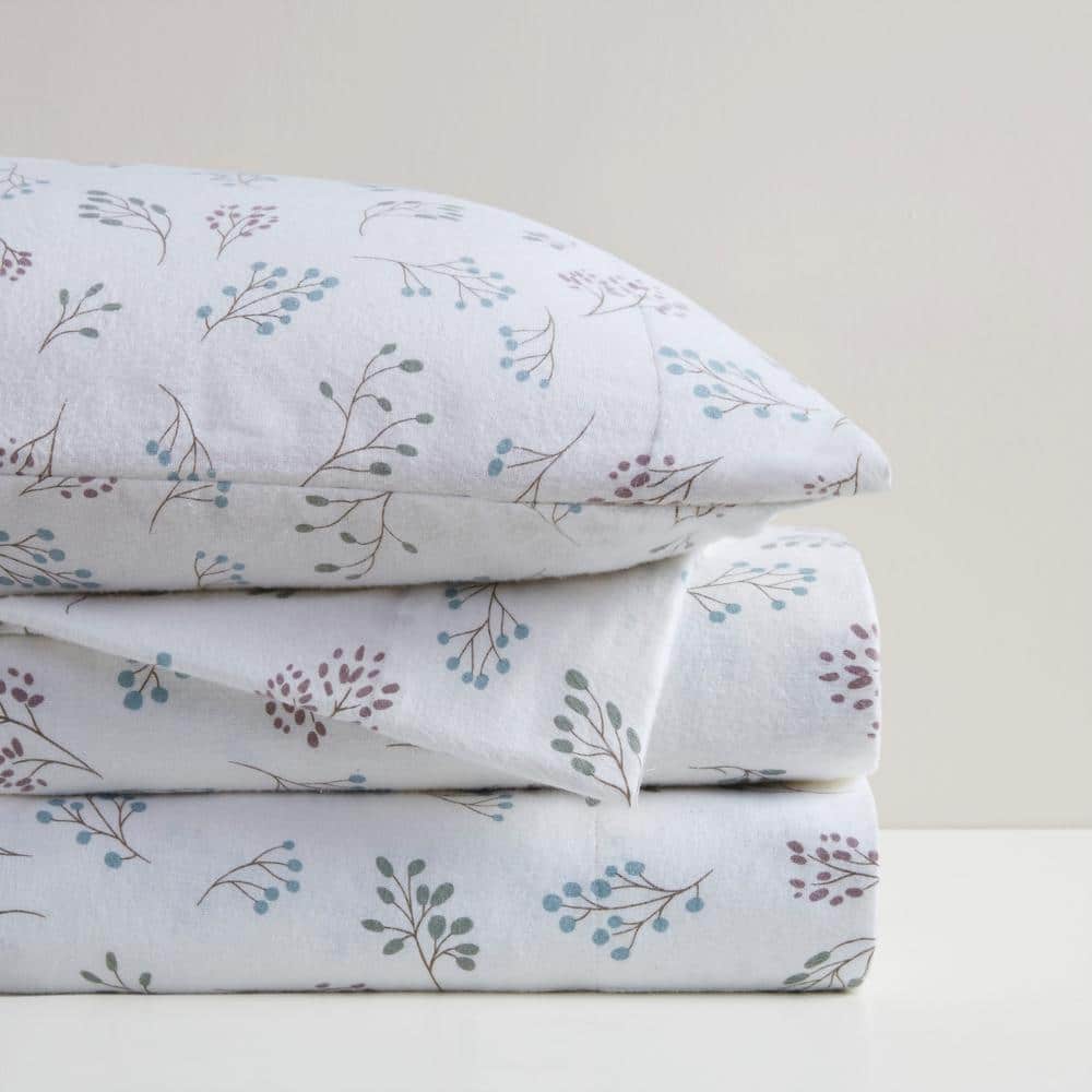 Oversized Cotton Flannel 4-Piece White Tossed Botanical Queen Sheet Set