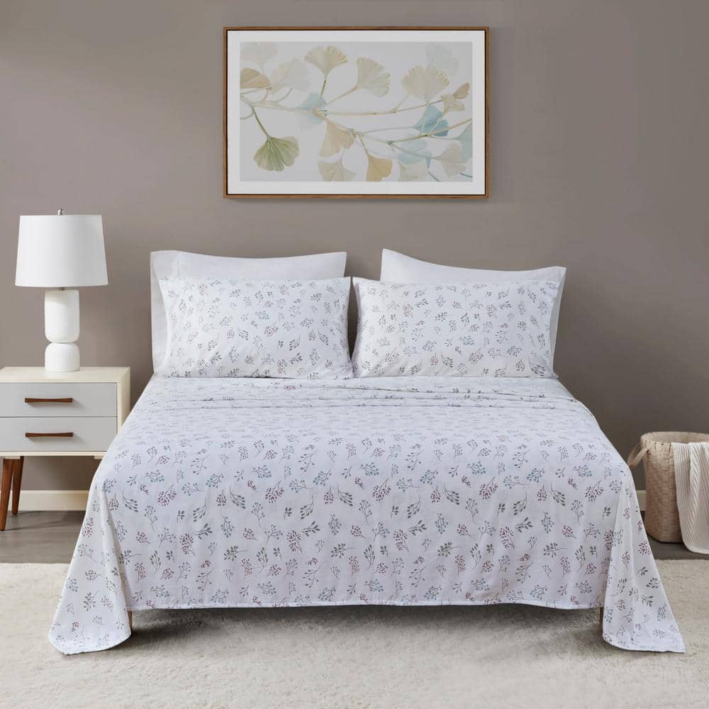 Oversized Cotton Flannel 4-Piece White Tossed Botanical Queen Sheet Set