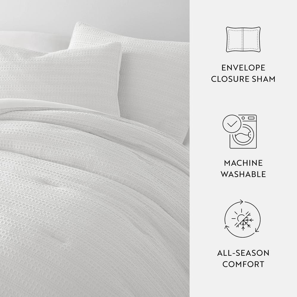 Waffle Textured 3 Piece All Season Down-Alternative Queen Comforter Set in White