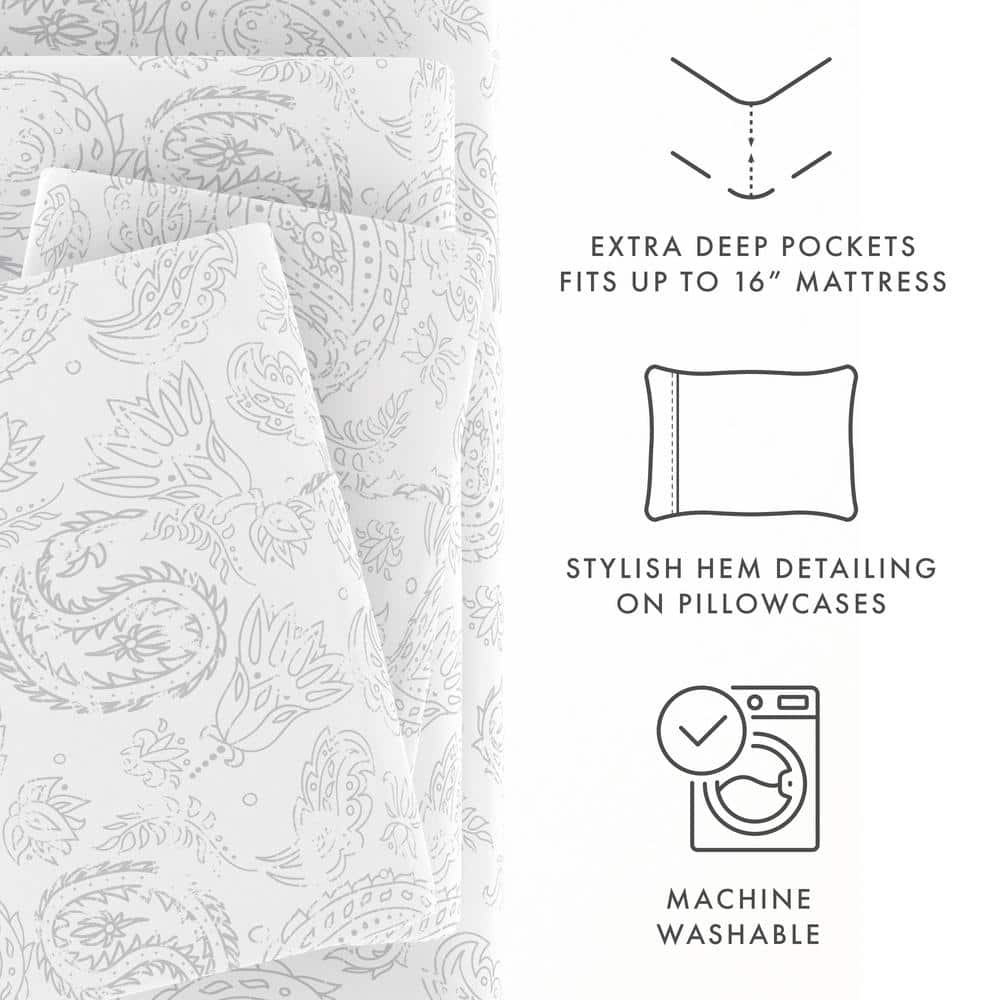 Becky Cameron Home Collection 4-Piece Gray Floral Microfiber Full Sheet Set