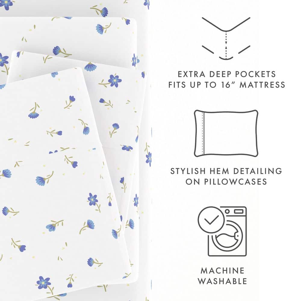 Home Collection 4-Piece Light Blue Floral Microfiber Full Sheet Set