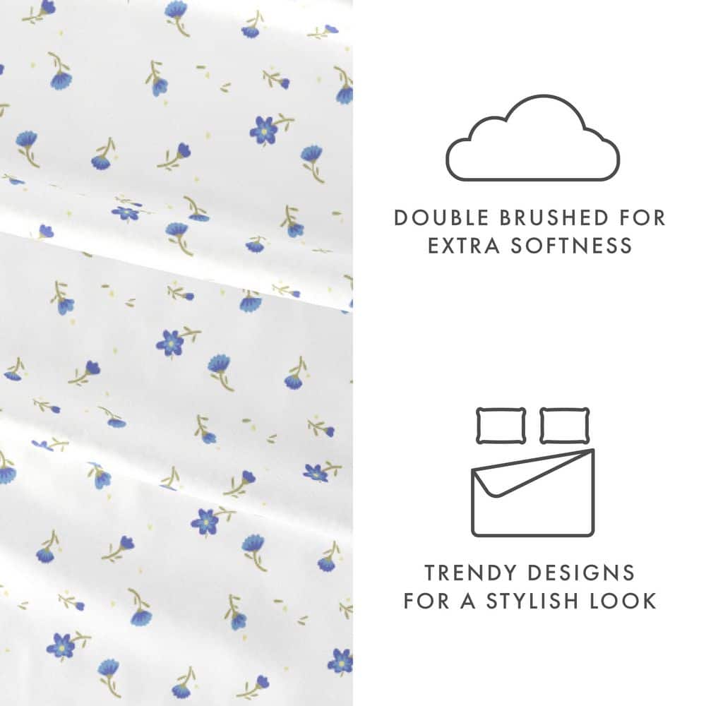 Home Collection 4-Piece Light Blue Floral Microfiber Full Sheet Set