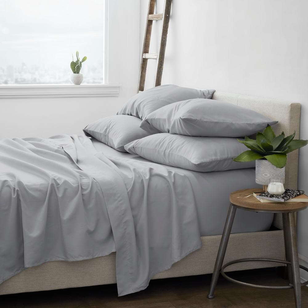 6-Piece Light Gray Solid Microfiber King Sheet Set