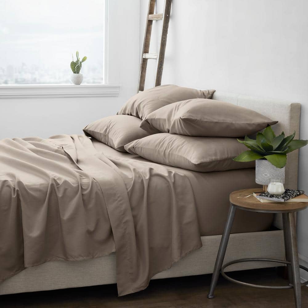 6-Piece Taupe Solid Microfiber King Sheet Set