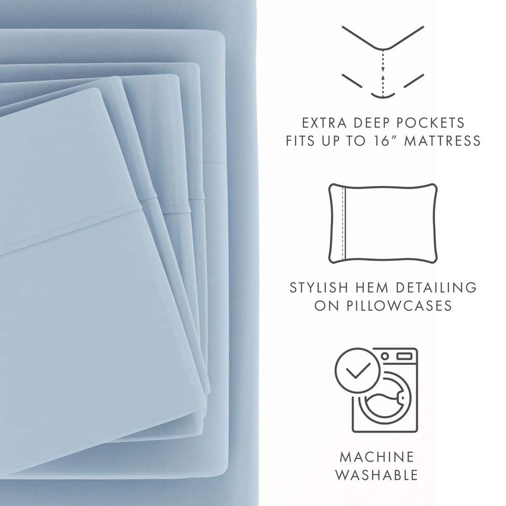 Luxury Ultra Soft 6 Piece Solid Light Blue Microfiber Queen Sheet Set
