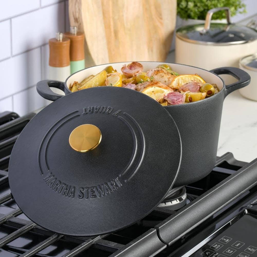 7 qt. Gatwick Enameled Cast Iron Dutch Oven in Matte Black with Gold Knob Lid, 1-Set