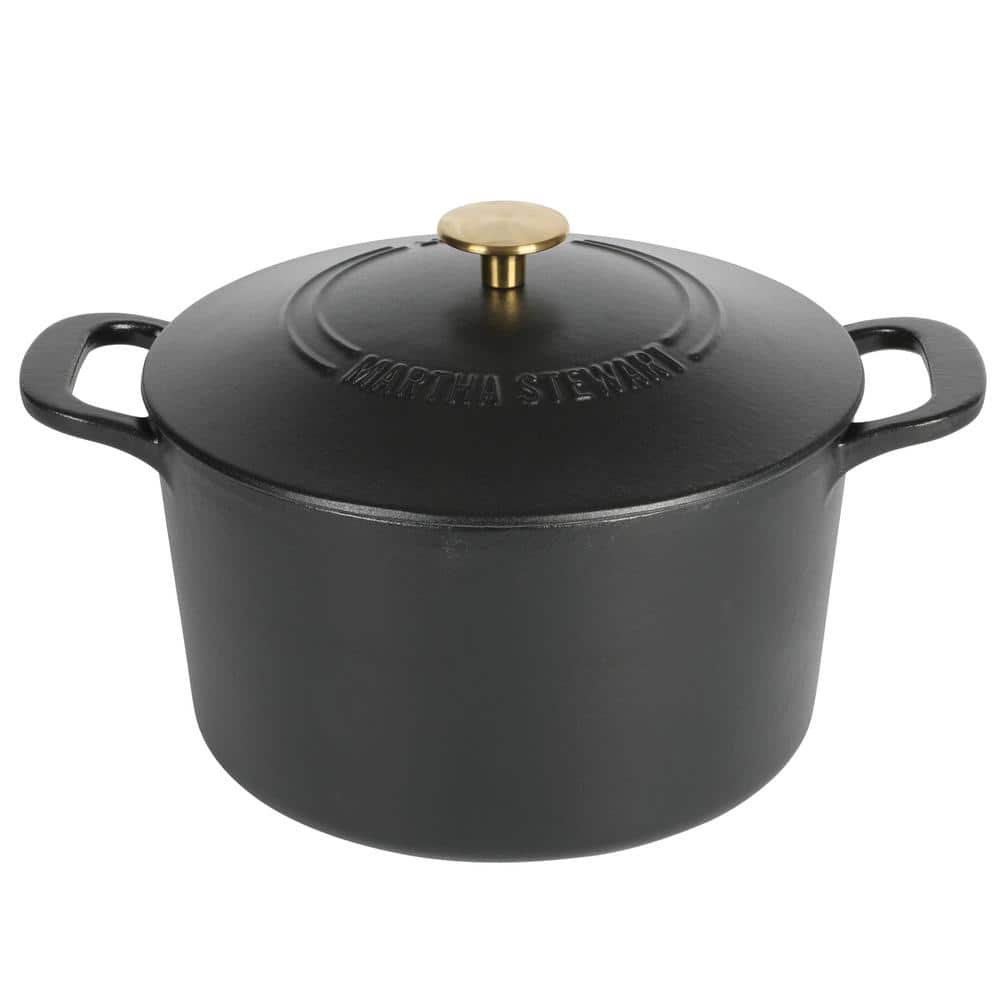 7 qt. Gatwick Enameled Cast Iron Dutch Oven in Matte Black with Gold Knob Lid, 1-Set
