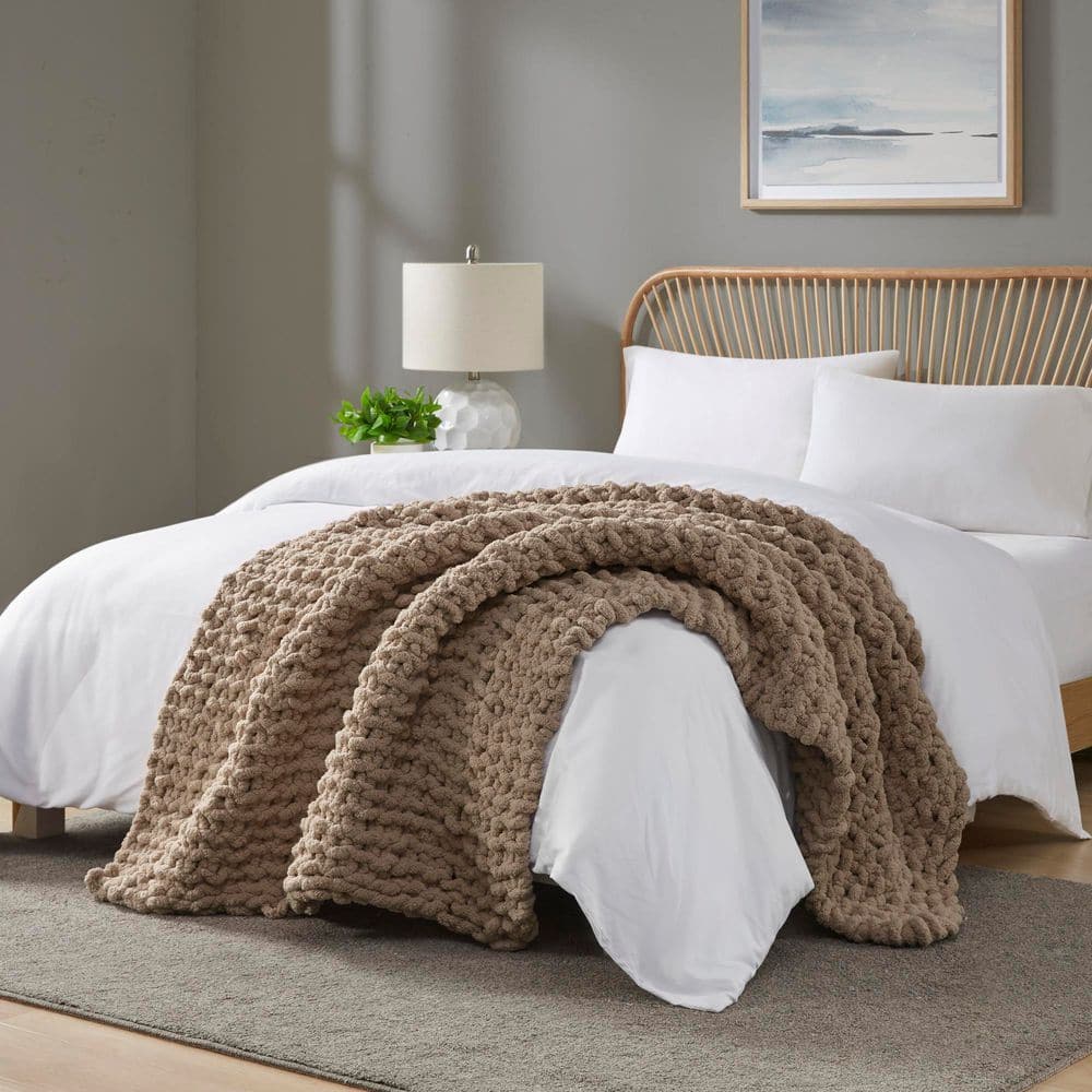 Chenille Chunky Knit Brown Polyester Throw Blanket