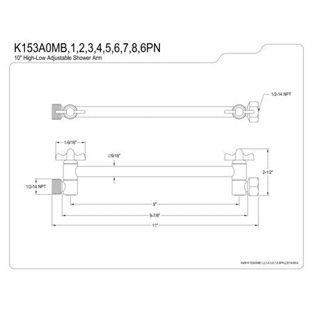 Kingston Brass K153A8 10-Inch Adjustable High-Low Shower Arm in Brushed Nickel