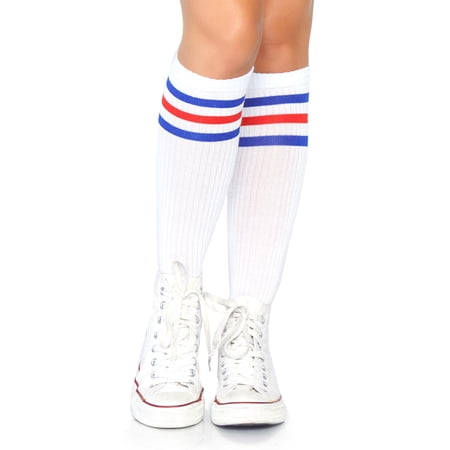 Leg Avenue Athletic striped knee highs. White/Blue Color