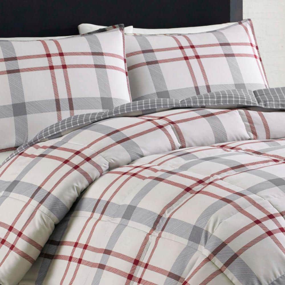 Eddie Bauer Portage Bay 3-Piece Beige Plaid Cotton Full/Queen Duvet Cover Set
