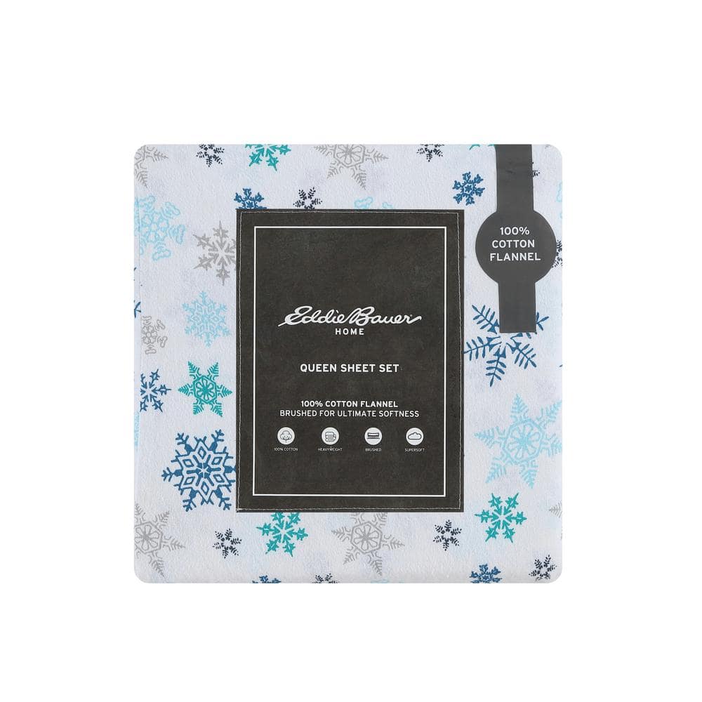 Tossed Snowflake 4-Piece Multi-Blue Graphic Flannel Queen Sheet Set