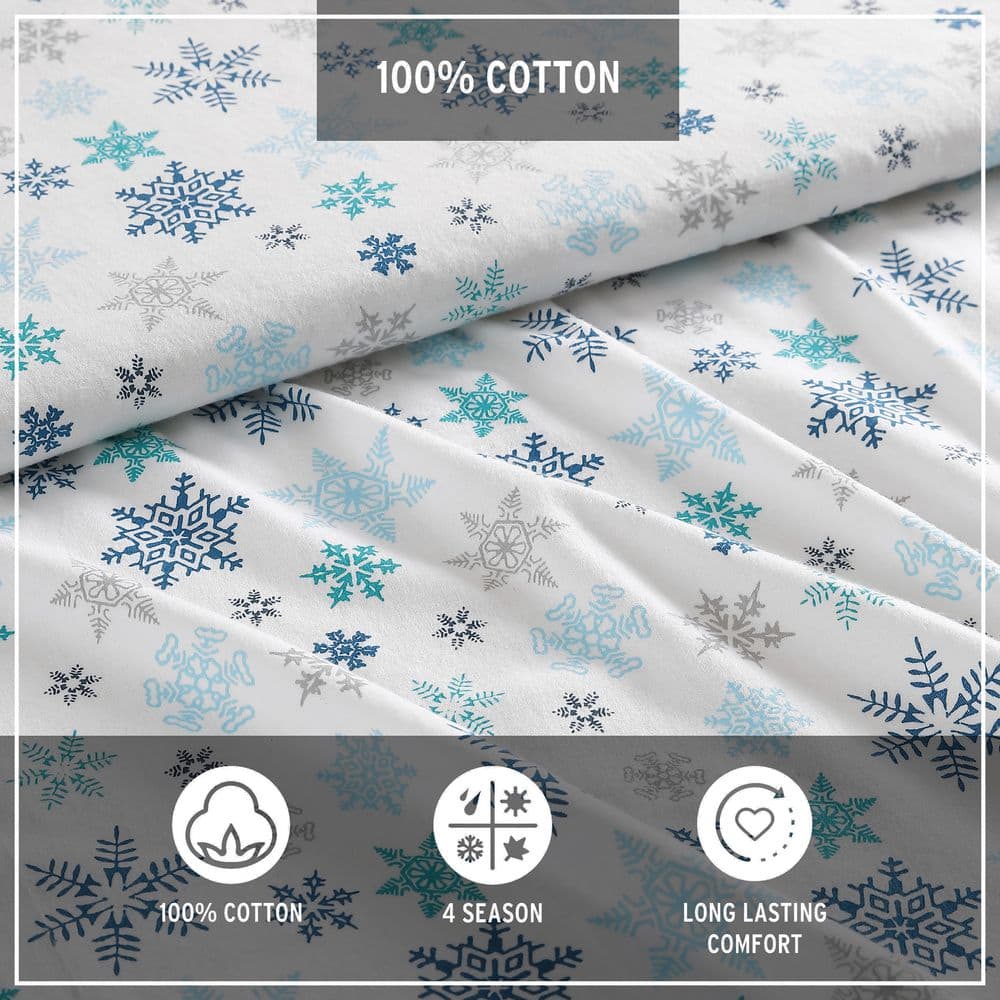 Tossed Snowflake 4-Piece Multi-Blue Graphic Flannel Queen Sheet Set