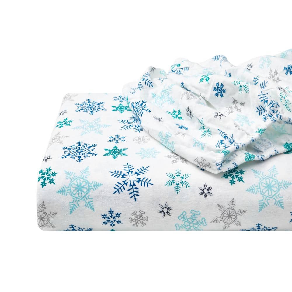 Tossed Snowflake 4-Piece Multi-Blue Graphic Flannel Queen Sheet Set