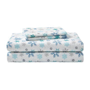 Tossed Snowflake 4-Piece Multi-Blue Graphic Flannel Queen Sheet Set