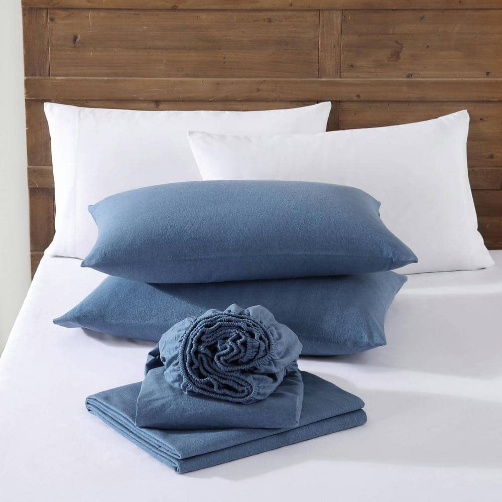 Solid 3-Piece Blue Cotton Flannel Twin Sheet Set