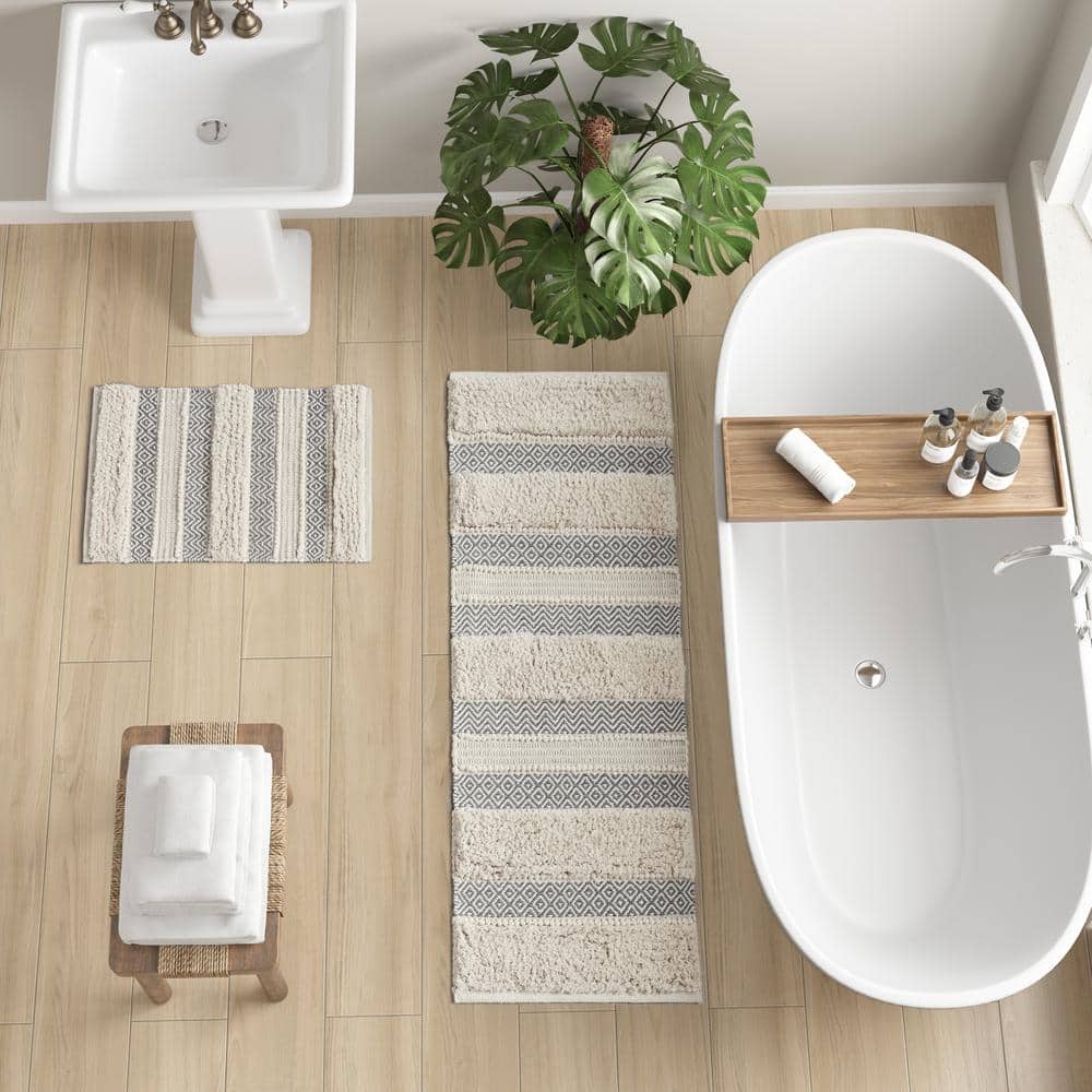 Asher 20 in. x 32 in. Grey Woven Texture Stripe Bath Rug