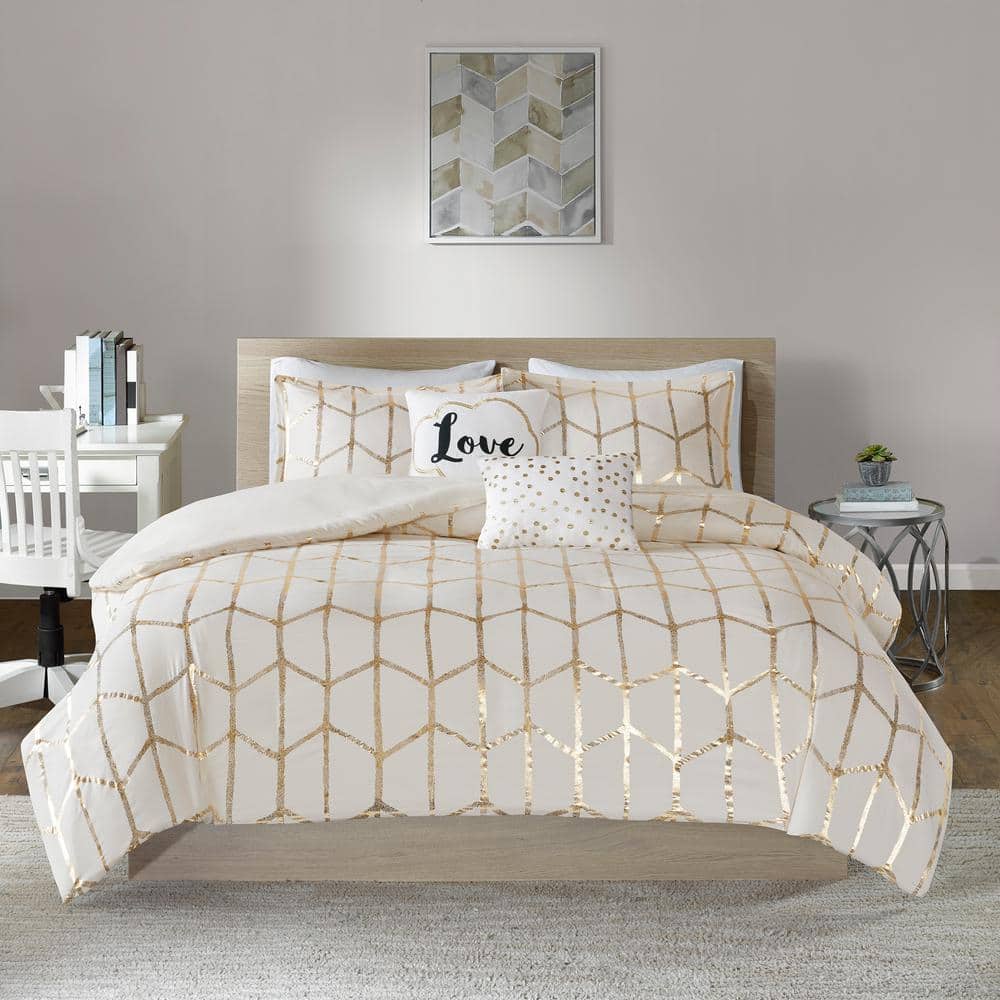 Khloe 5-Piece Ivory/Gold King Duvet Cover Set