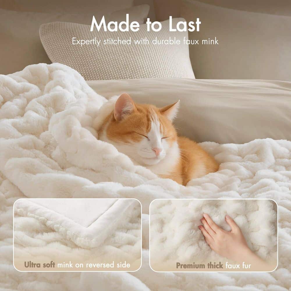 Ruched Fur Ivory Polyester Throw Blanket