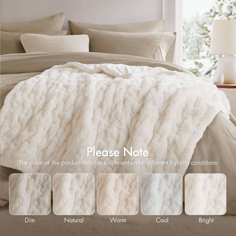 Ruched Fur Ivory Polyester Throw Blanket