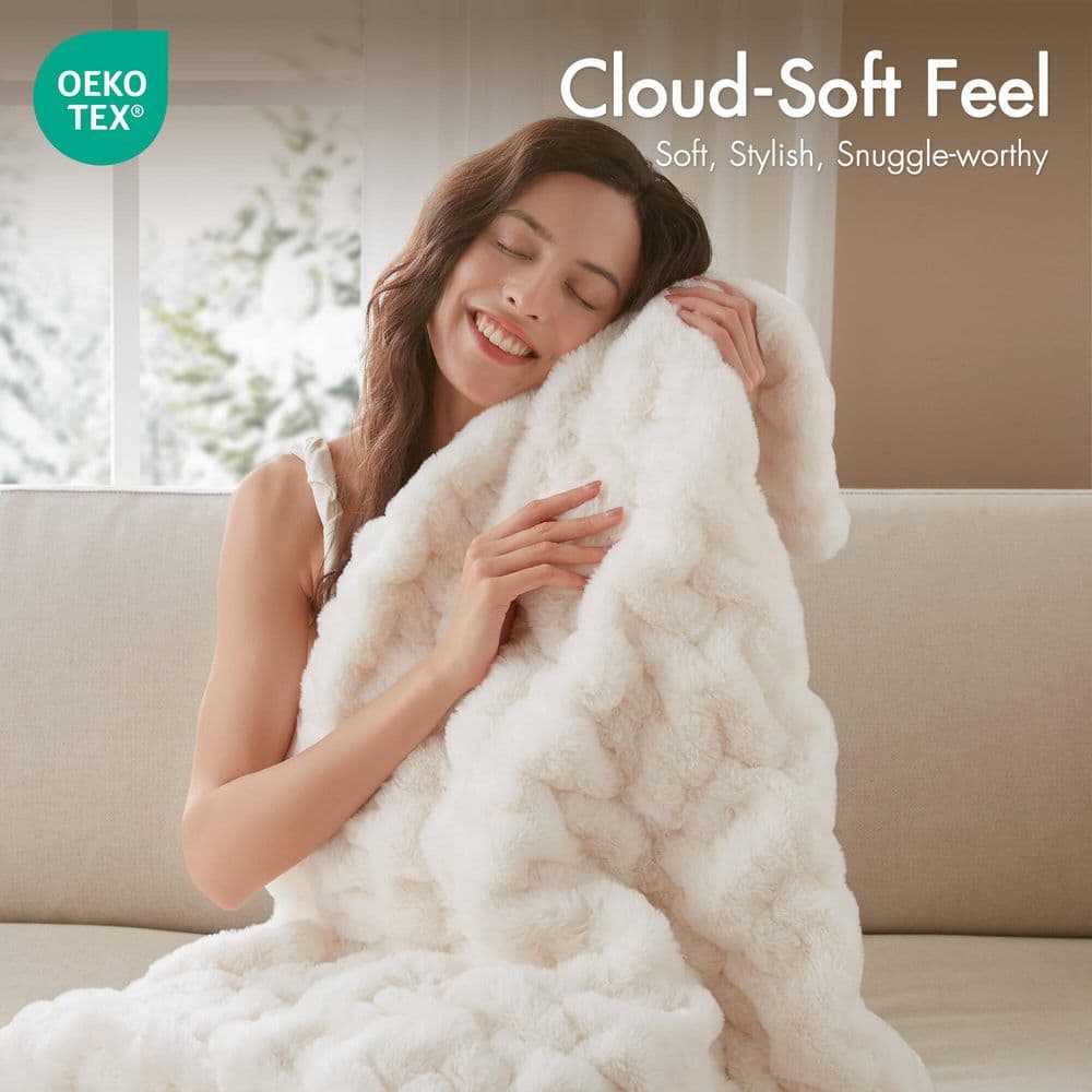Ruched Fur Ivory Polyester Throw Blanket