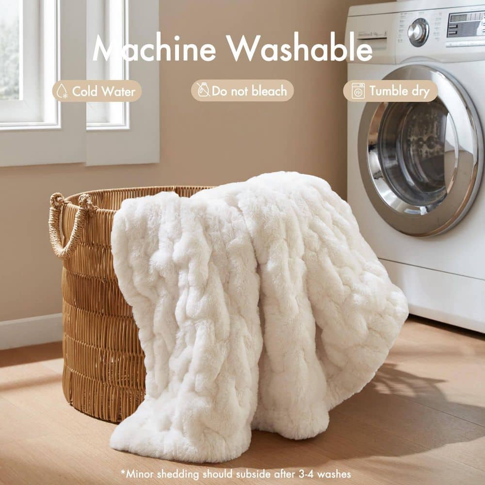 Ruched Fur Ivory Polyester Throw Blanket
