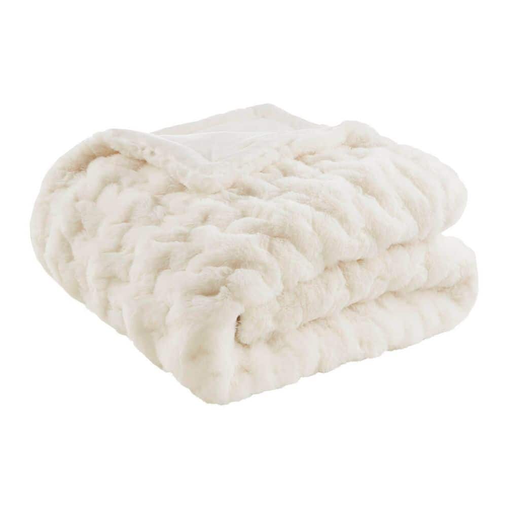 Ruched Fur Ivory Polyester Throw Blanket