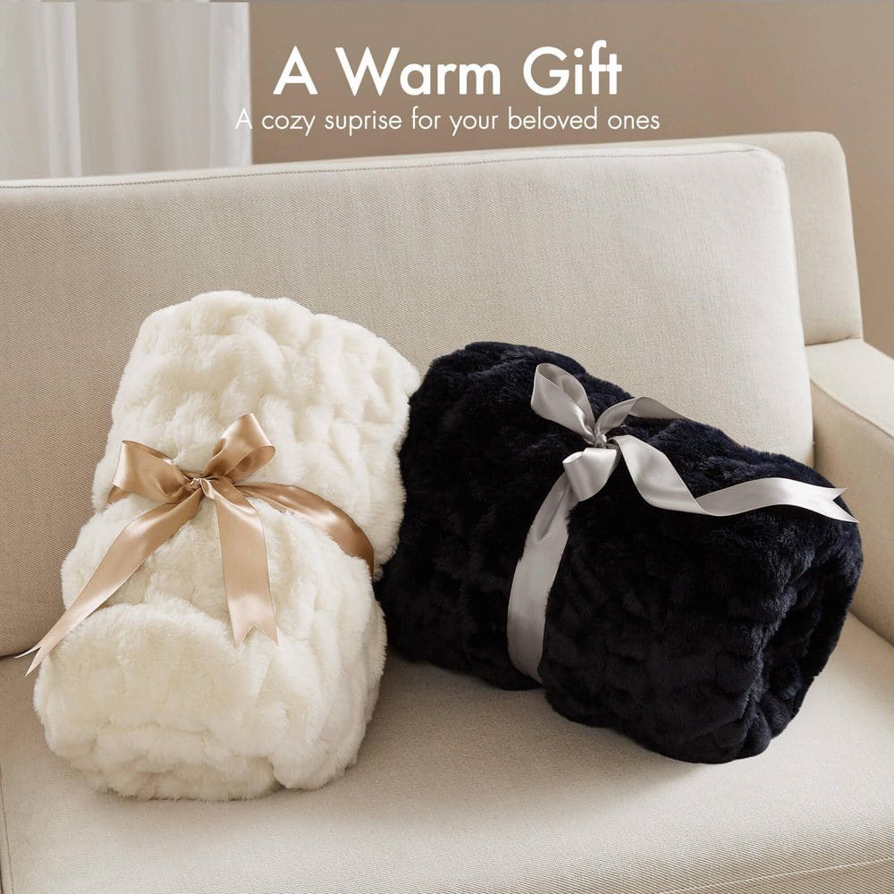 Ruched Fur Ivory Polyester Throw Blanket