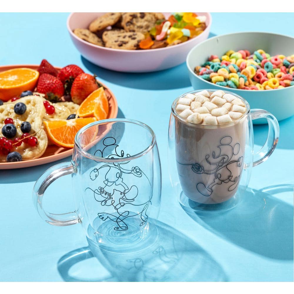 Disney Mickey Mouse and Pluto Aroma 13.5 oz. Clear Borosilicate Glass Double Wall Coffee/Tea Mug (Set of 2)