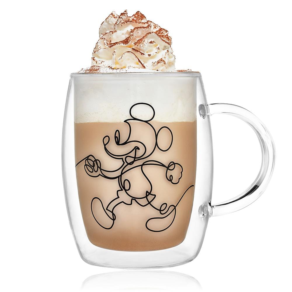 Disney Mickey Mouse and Pluto Aroma 13.5 oz. Clear Borosilicate Glass Double Wall Coffee/Tea Mug (Set of 2)