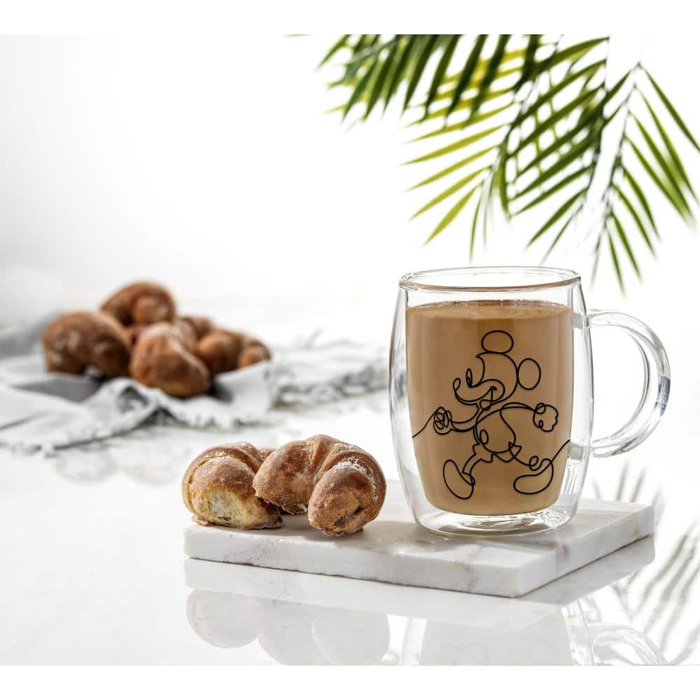 Disney Mickey Mouse and Pluto Aroma 13.5 oz. Clear Borosilicate Glass Double Wall Coffee/Tea Mug (Set of 2)