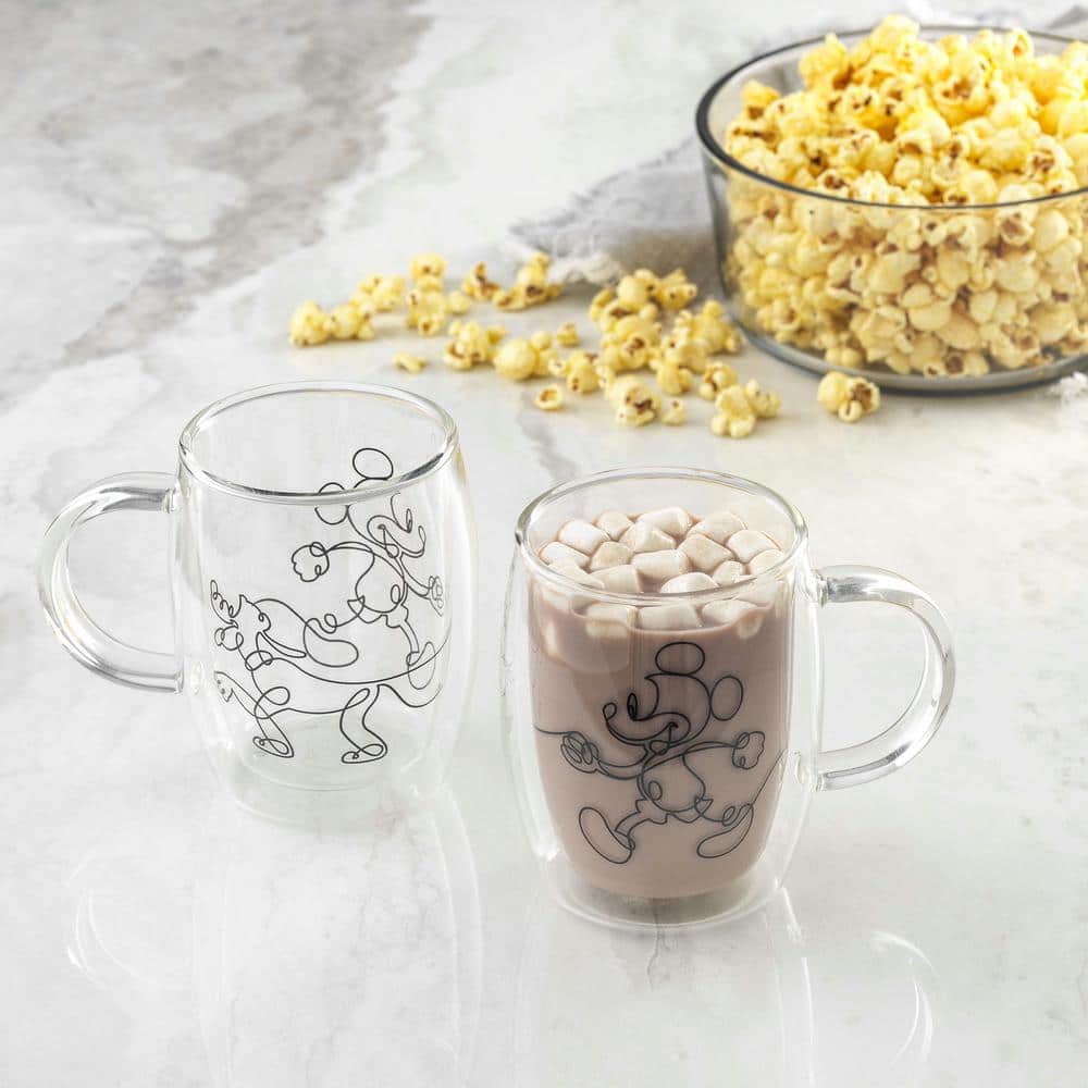 Disney Mickey Mouse and Pluto Aroma 13.5 oz. Clear Borosilicate Glass Double Wall Coffee/Tea Mug (Set of 2)