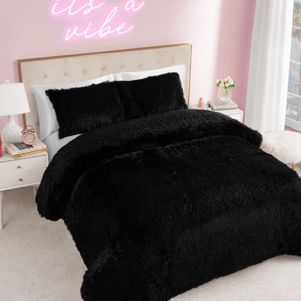 Shaggy 3-Piece Black Solid Microfiber Polyester Full/Queen Comforter Set