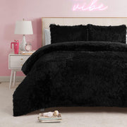 Shaggy 3-Piece Black Solid Microfiber Polyester Full/Queen Comforter Set