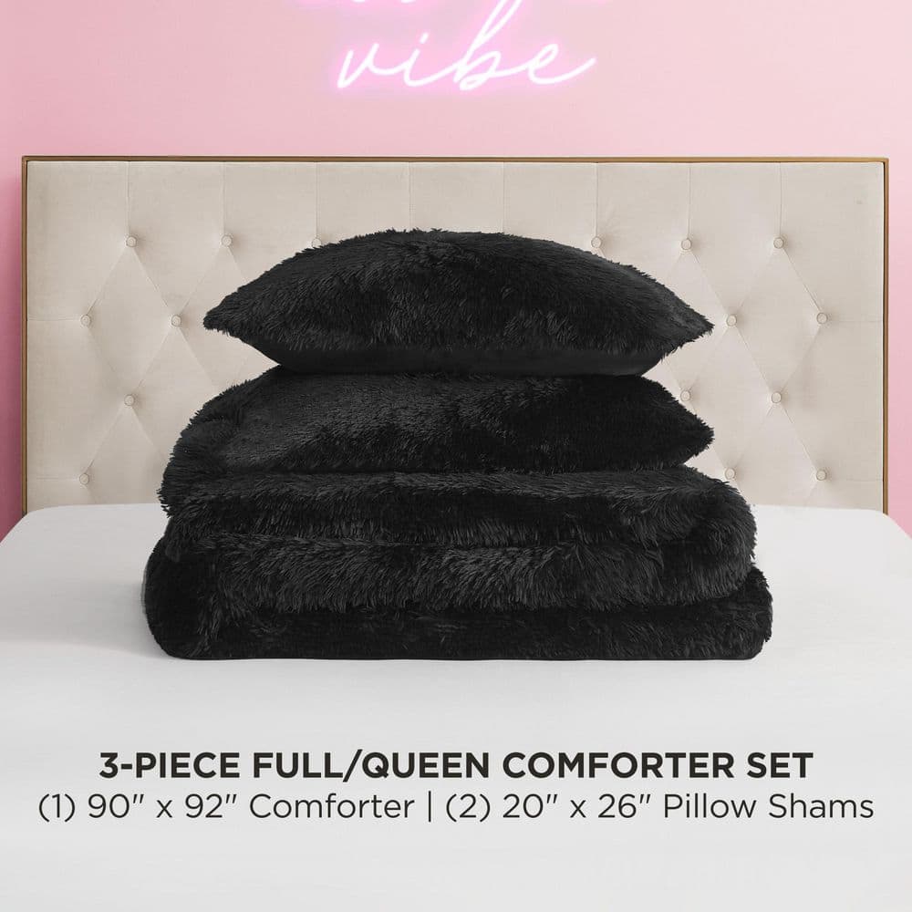 Shaggy 3-Piece Black Solid Microfiber Polyester Full/Queen Comforter Set