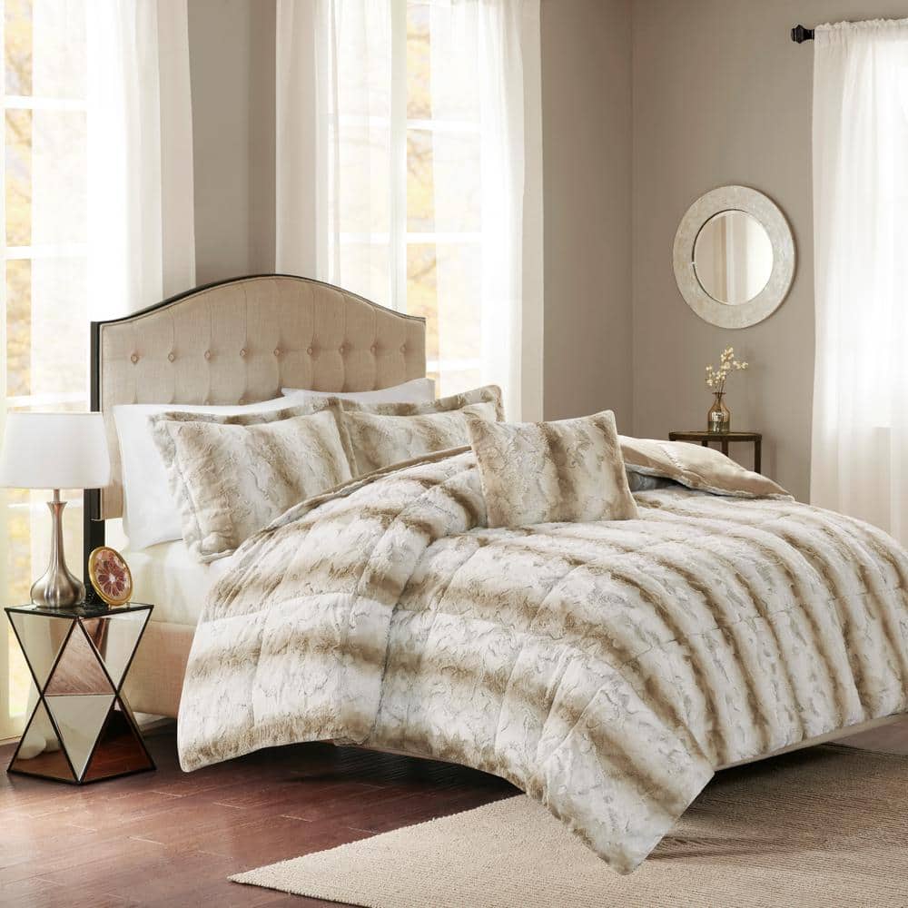 Marselle 4-Piece Sand Animal Print Faux Fur Polyester King Comforter Set