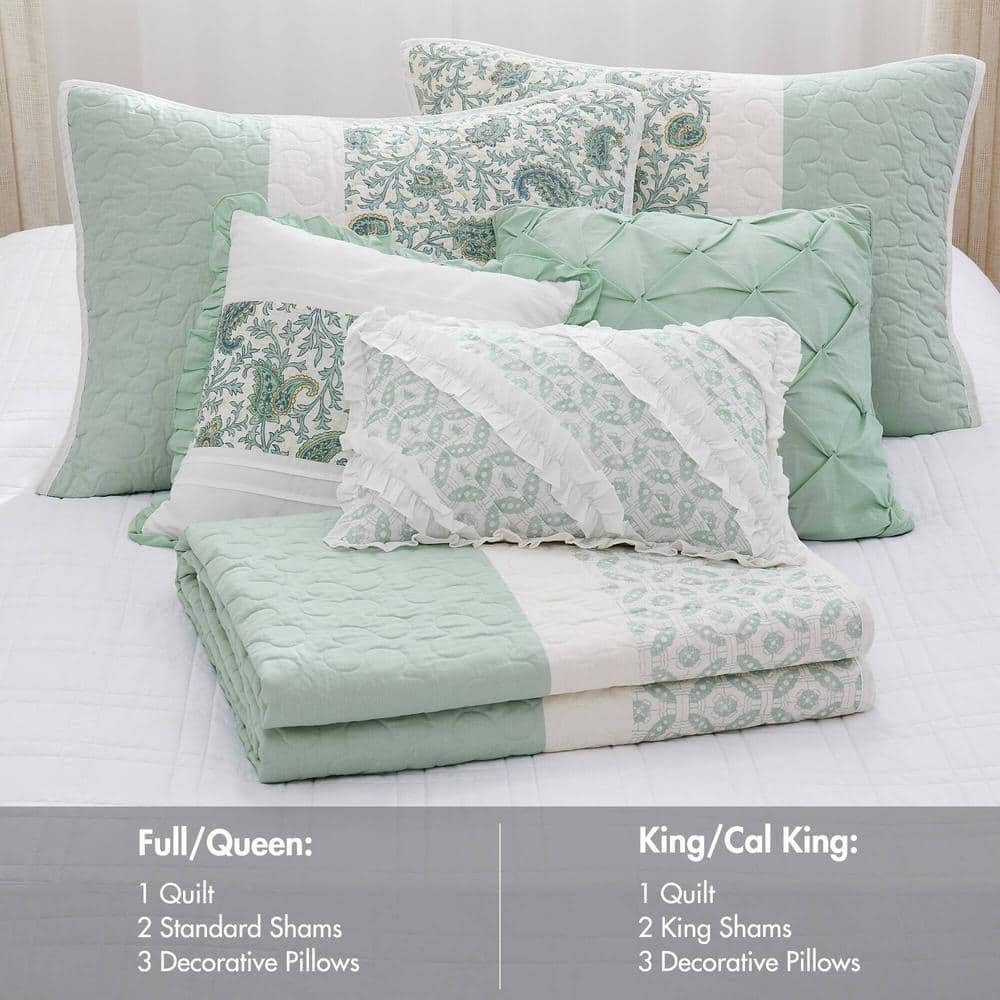 Vanessa 6pc Aqua Cotton Percale F/Q Quilt Set