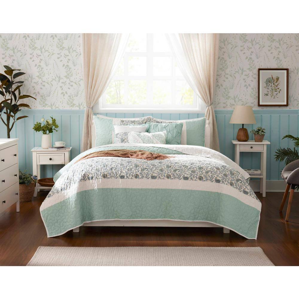 Vanessa 6pc Aqua Cotton Percale F/Q Quilt Set