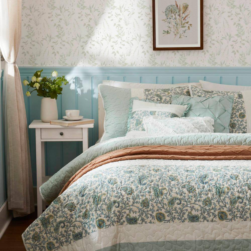 Vanessa 6pc Aqua Cotton Percale F/Q Quilt Set