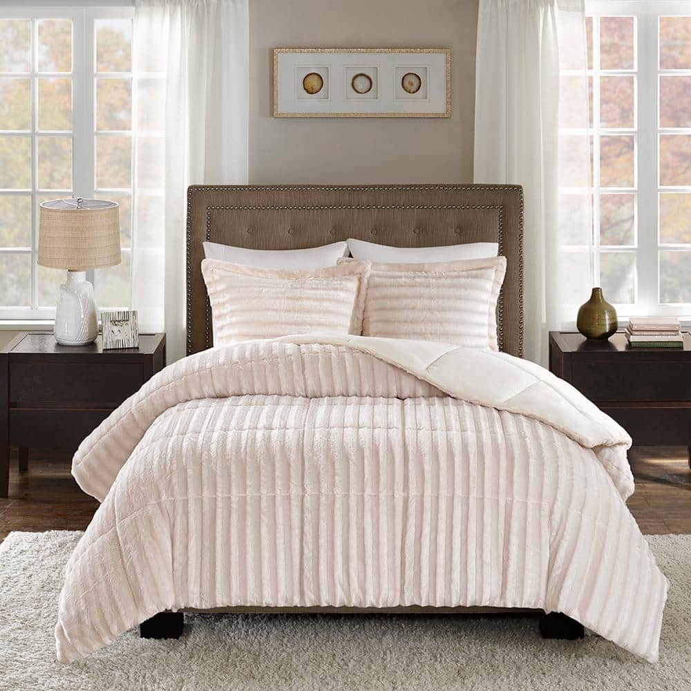 York Champagne Faux Fur Full/Queen Comforter Set