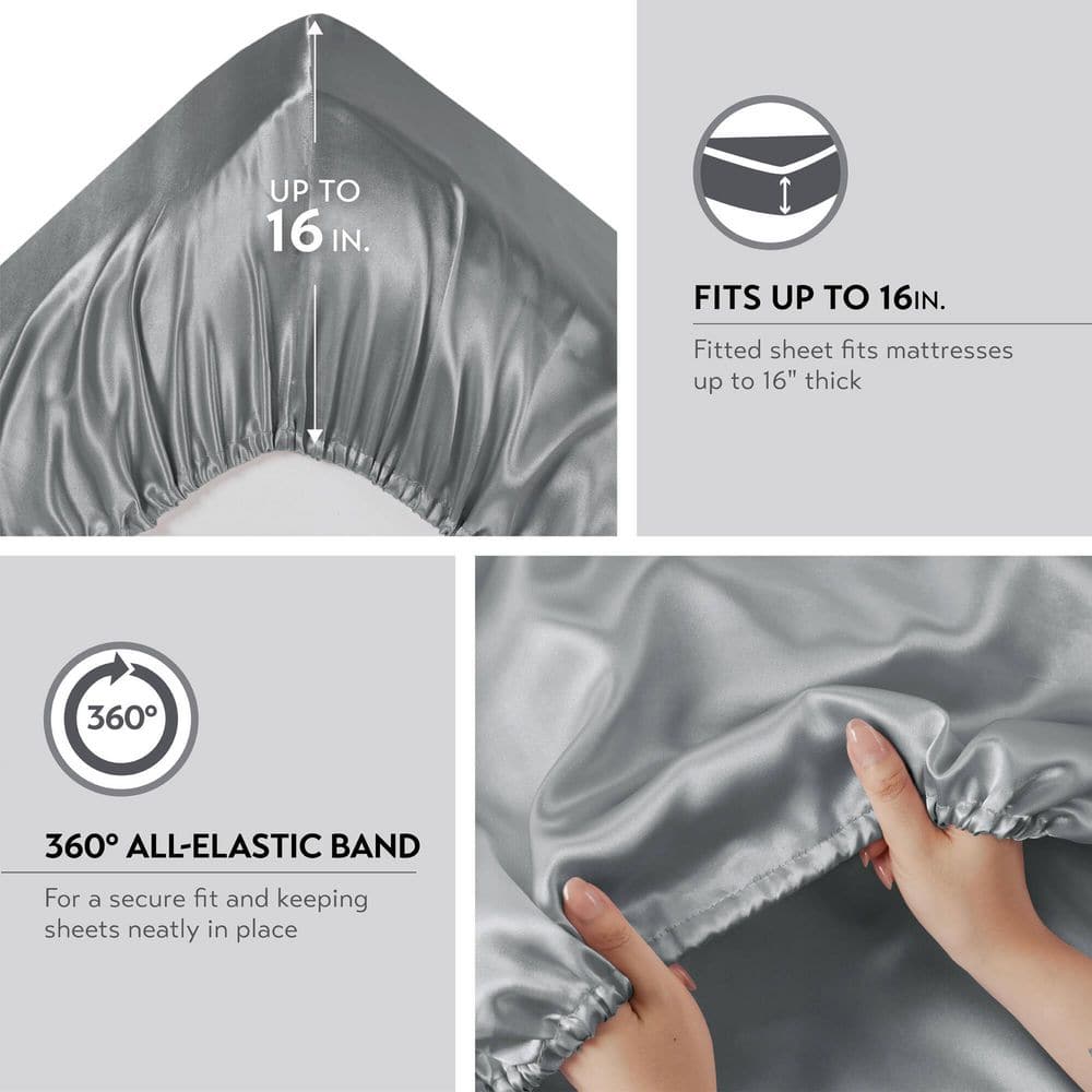 Satin 6-Piece Grey Solid Polyester Queen Luxury Sheet Set