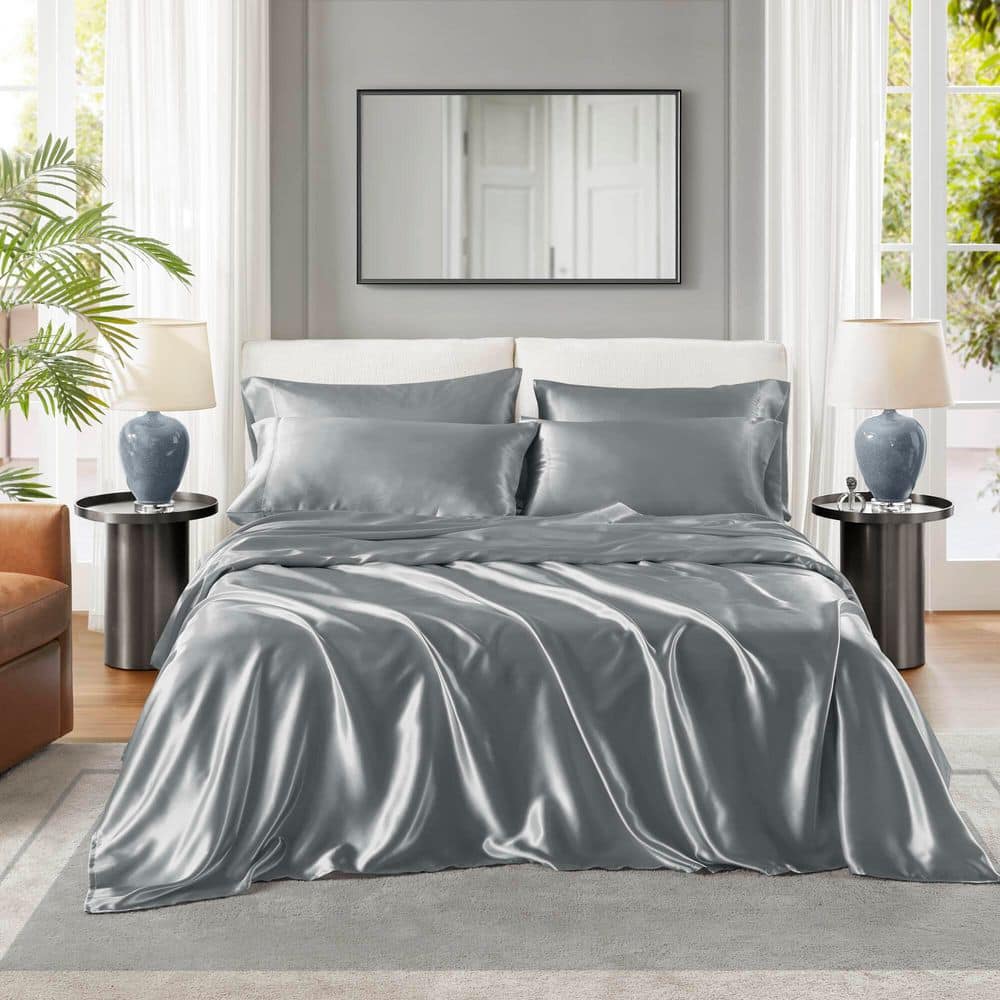 Satin 6-Piece Grey Solid Polyester Queen Luxury Sheet Set