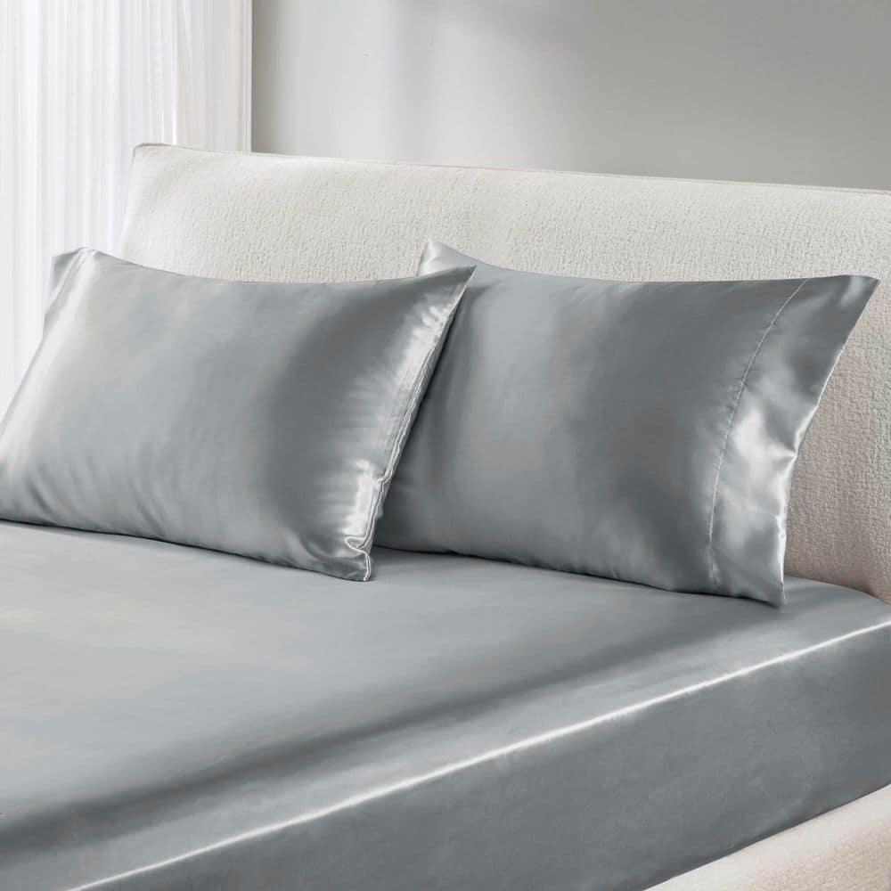 Satin 6-Piece Grey Solid Polyester Queen Luxury Sheet Set