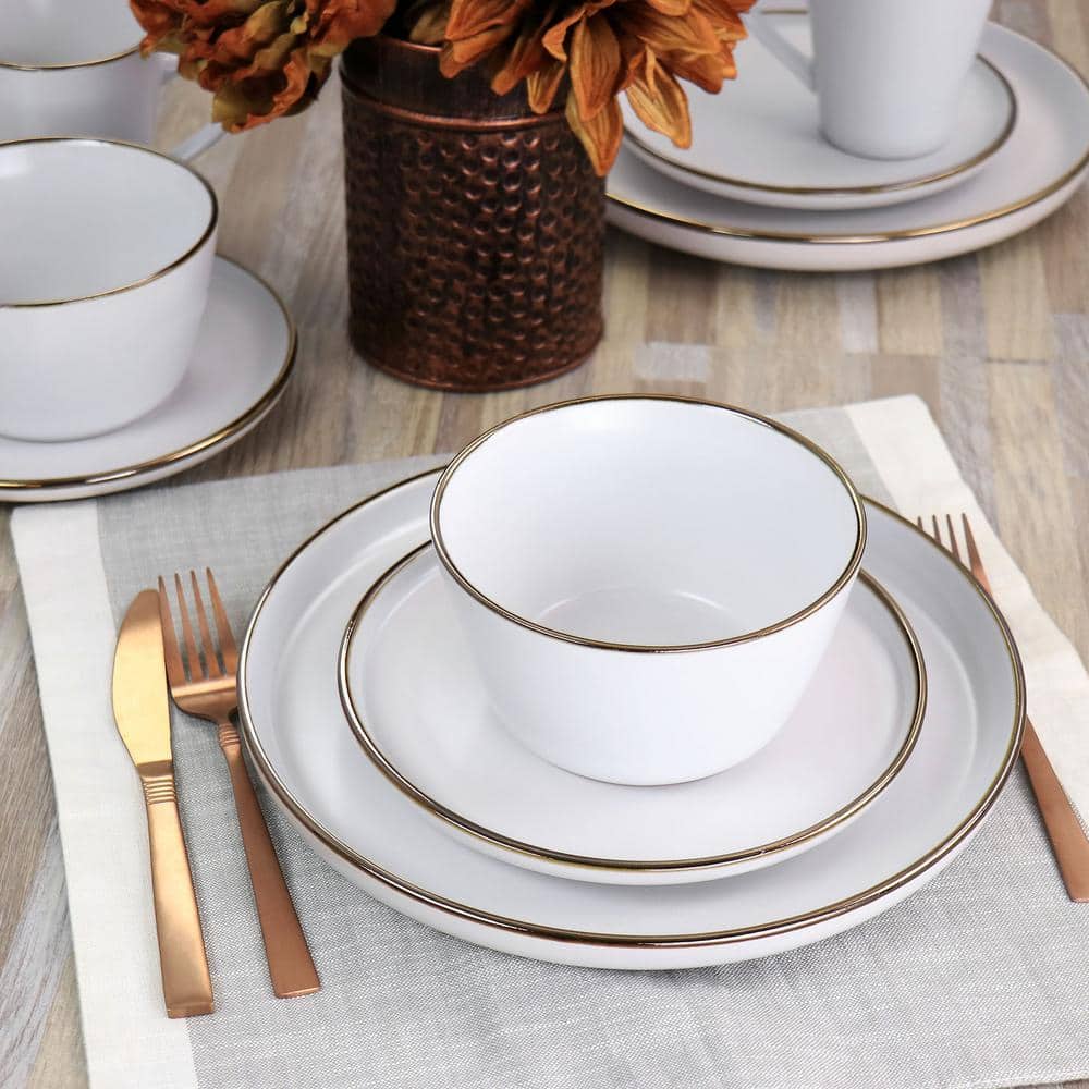 Arthur 16-Piece Stoneware Dinnerware Set in Matte White with Gold Rim