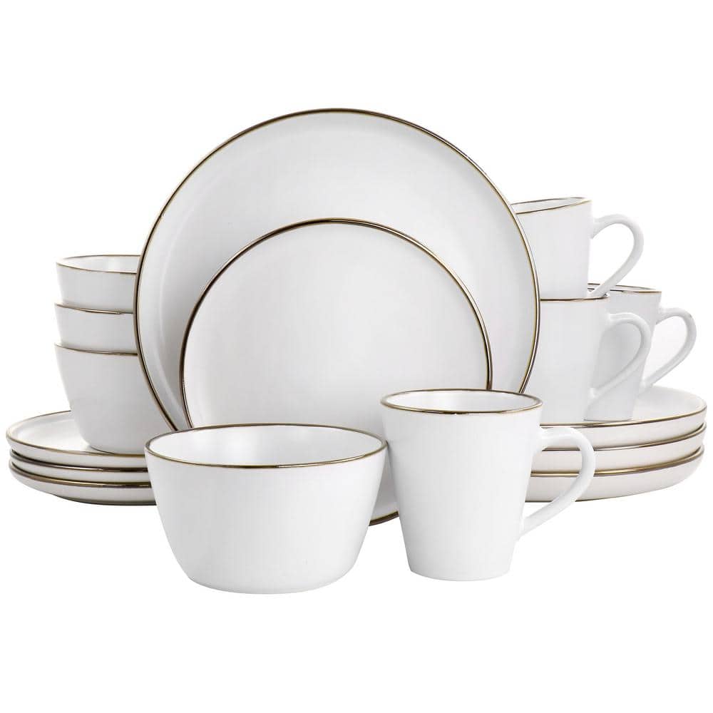 Arthur 16-Piece Stoneware Dinnerware Set in Matte White with Gold Rim