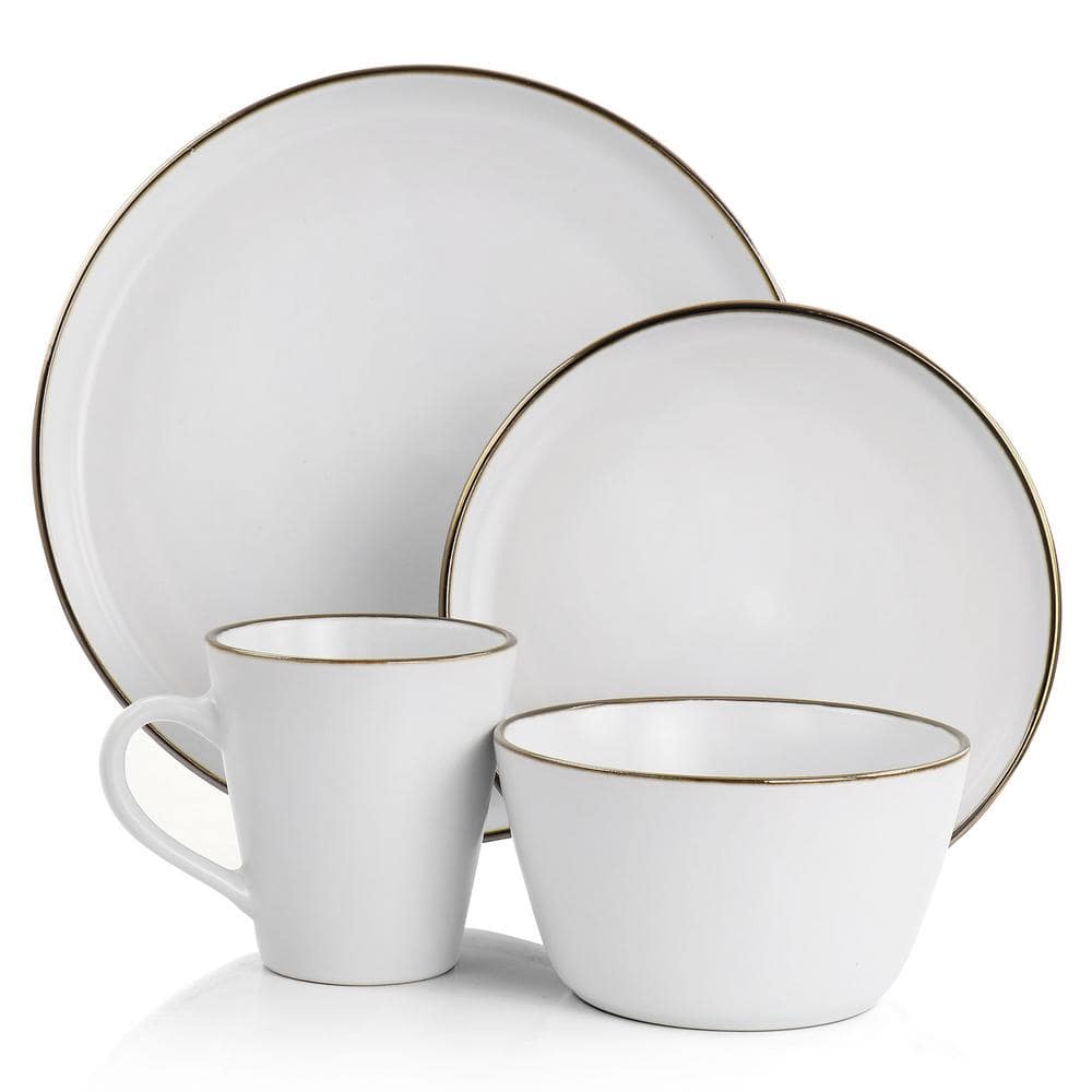Arthur 16-Piece Stoneware Dinnerware Set in Matte White with Gold Rim