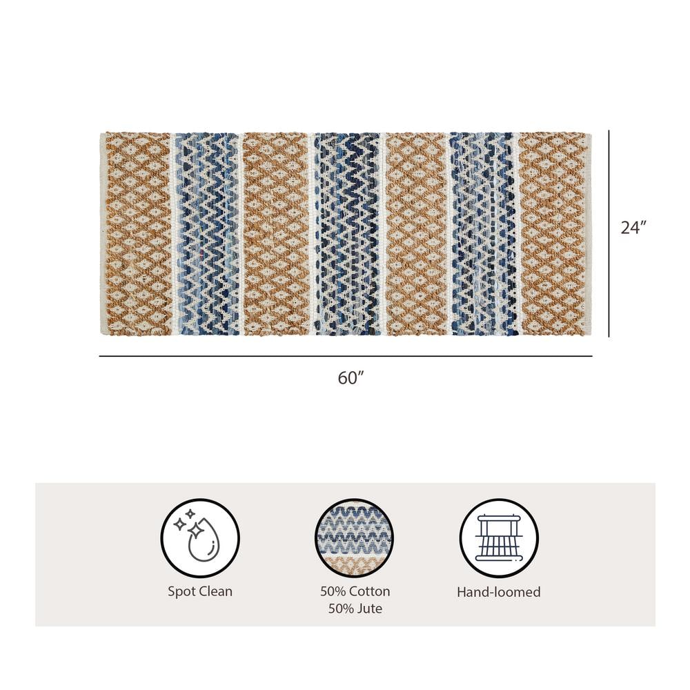 Jute Diamond Natural and Blue 2 ft. x 5 ft. Area Rug Runner Rug