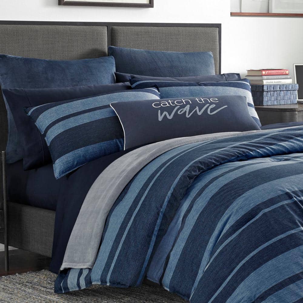 Long point 2-Piece Navy Blue Striped Cotton Twin/Twin X L Comforter Set