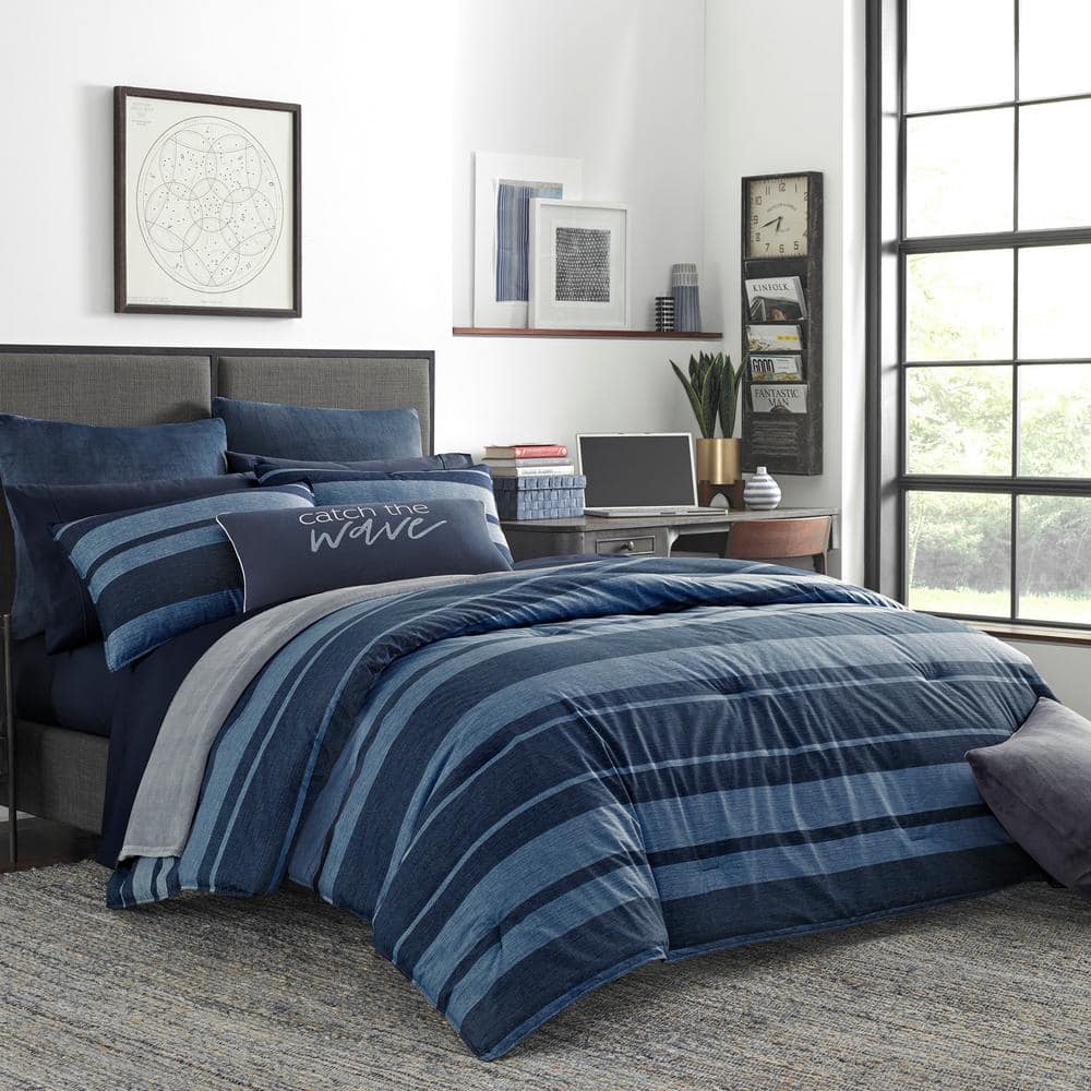 Long point 2-Piece Navy Blue Striped Cotton Twin/Twin X L Comforter Set