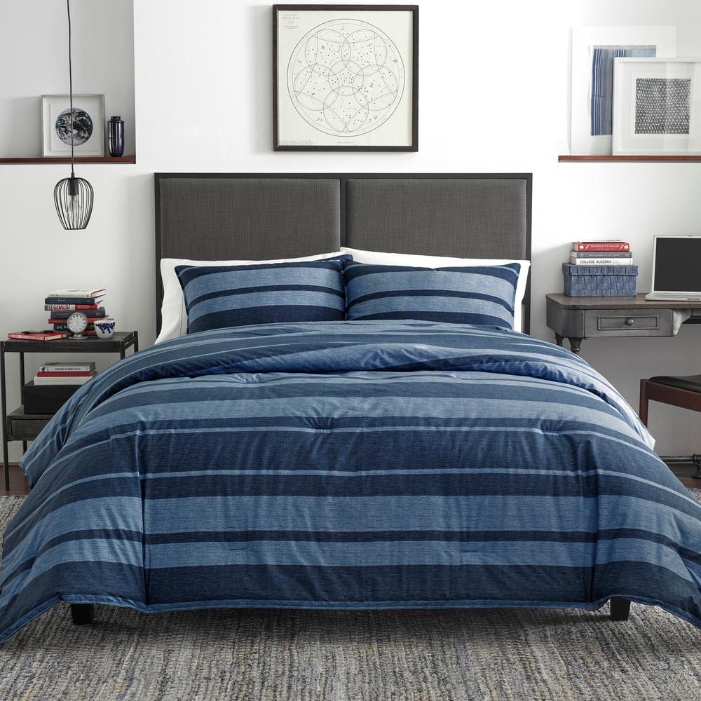 Long point 2-Piece Navy Blue Striped Cotton Twin/Twin X L Comforter Set
